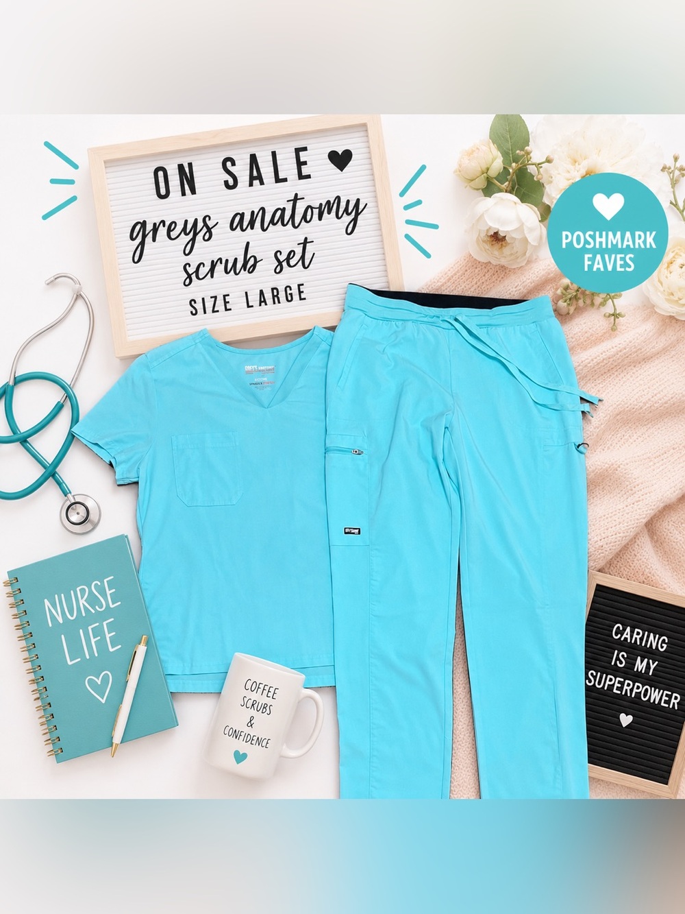 Grey's Anatomy Women's Teal Scrub Set Track Pants & V-Neck Top